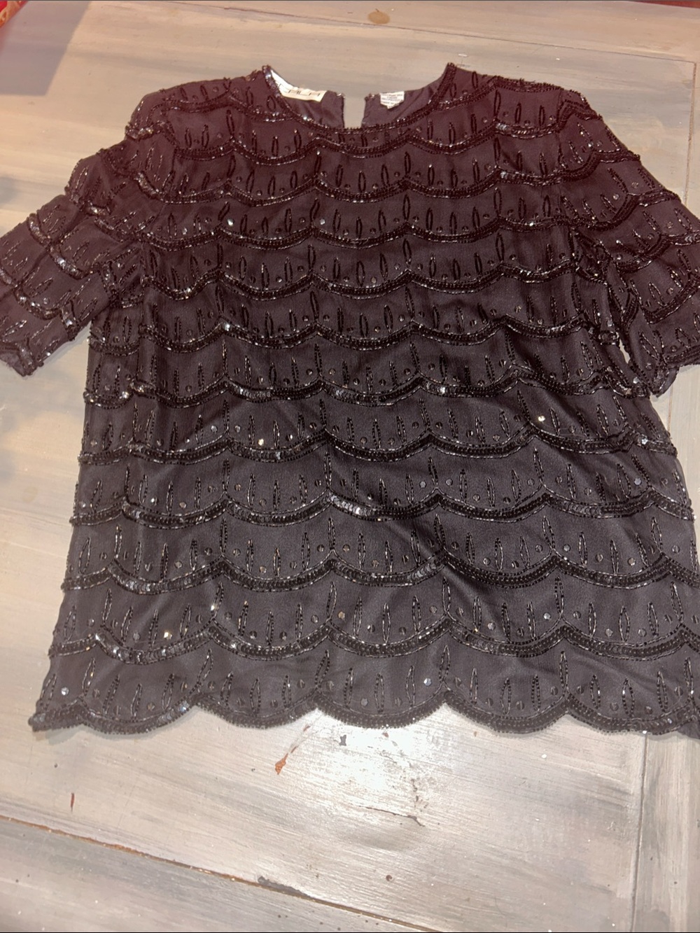 Scala Black Beaded Scallop Lace Blouse